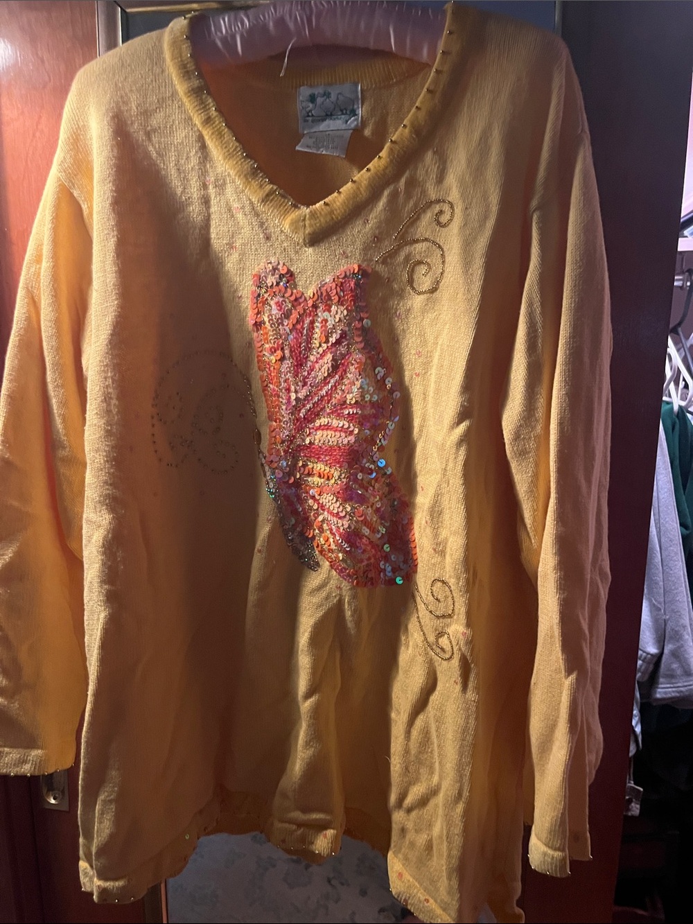 Women’s Yellow Sequin Butterfly V-Neck Sweater